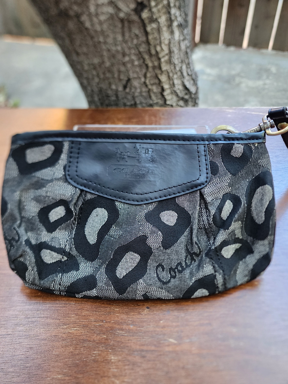 Coach Madison Ocelot Metallic Leopard Wristlet Clutch Bag Silver Gray Black